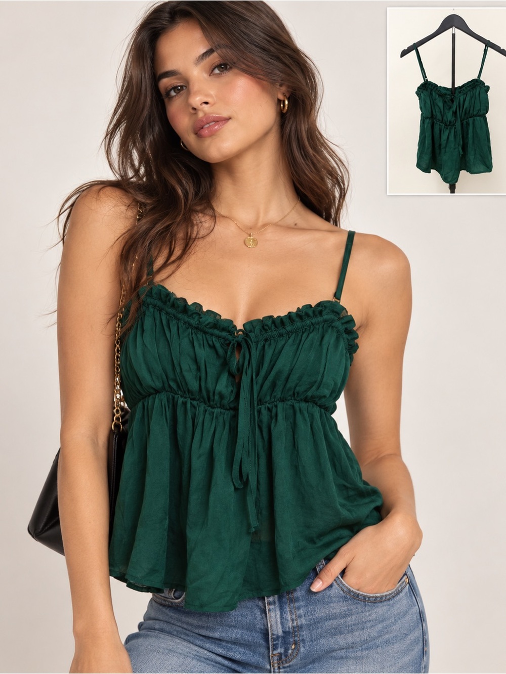 American Eagle Emerald Green Ruched Slip Cami Going Out Top Coquette Fairycore